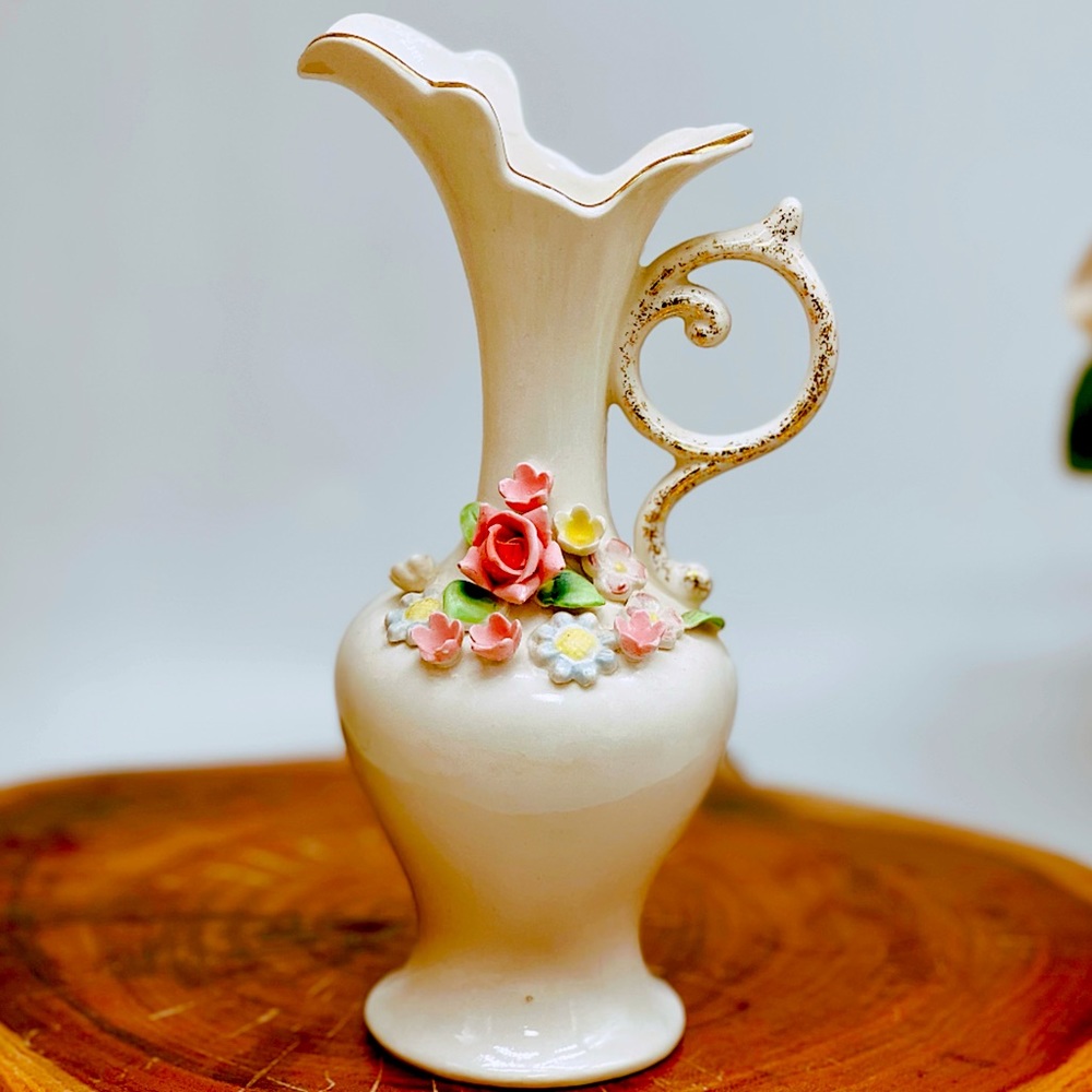 Vintage Pink Roses Floral Art Pitcher Vase white hand crafted